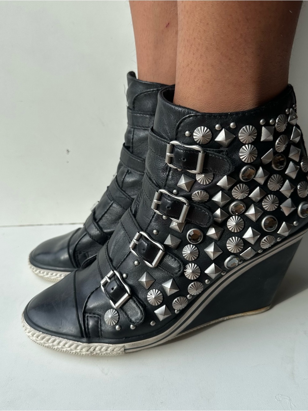 ASH Vintage Black Studded Wedge Sneaker Boots Leather Buckle Zip EU 39 - Picture 5 of 15